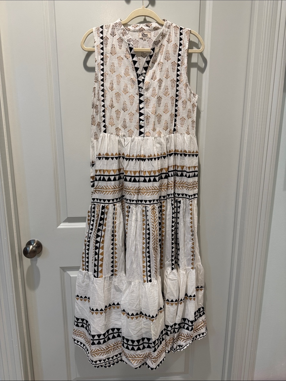 Sleeveless White Maxi Dress with Black & Tan Geometric Trim